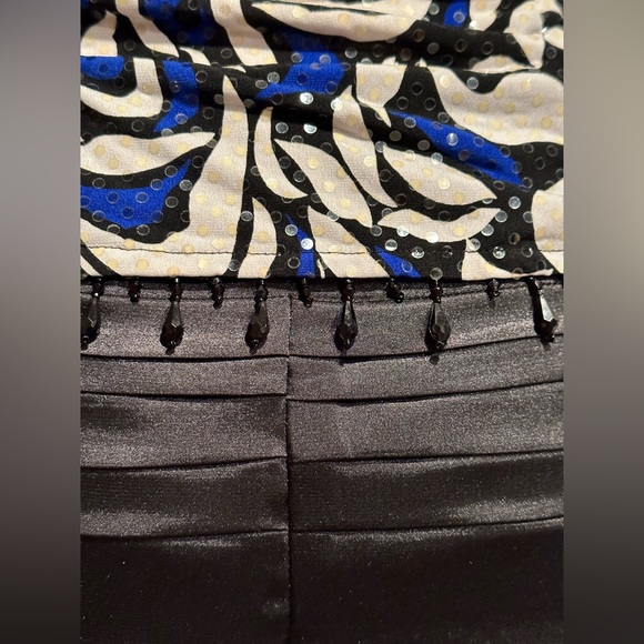 MSK Wrap Top Look Blue white black Floral Print. Black Beaded waist Fringe Sz S - Picture 7 of 13